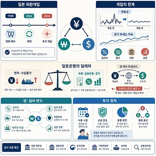 일본 외환개입 연혁과 한계, 일본은행의 딜레마, 원·달러 변수와 투자 원칙을 정리한 인포그래픽