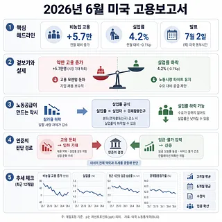 2026년 6월 미국 고용보고서 핵심 지표와 해석을 정리한 한국어 인포그래픽