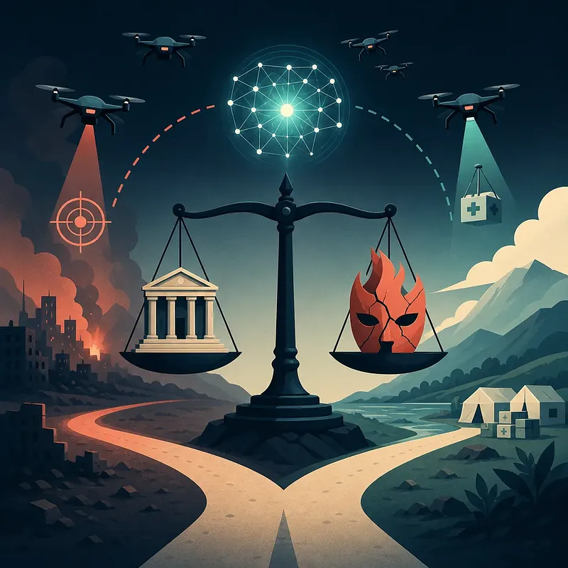 Scales weighing a courthouse against a burning mask beneath an AI network and drones