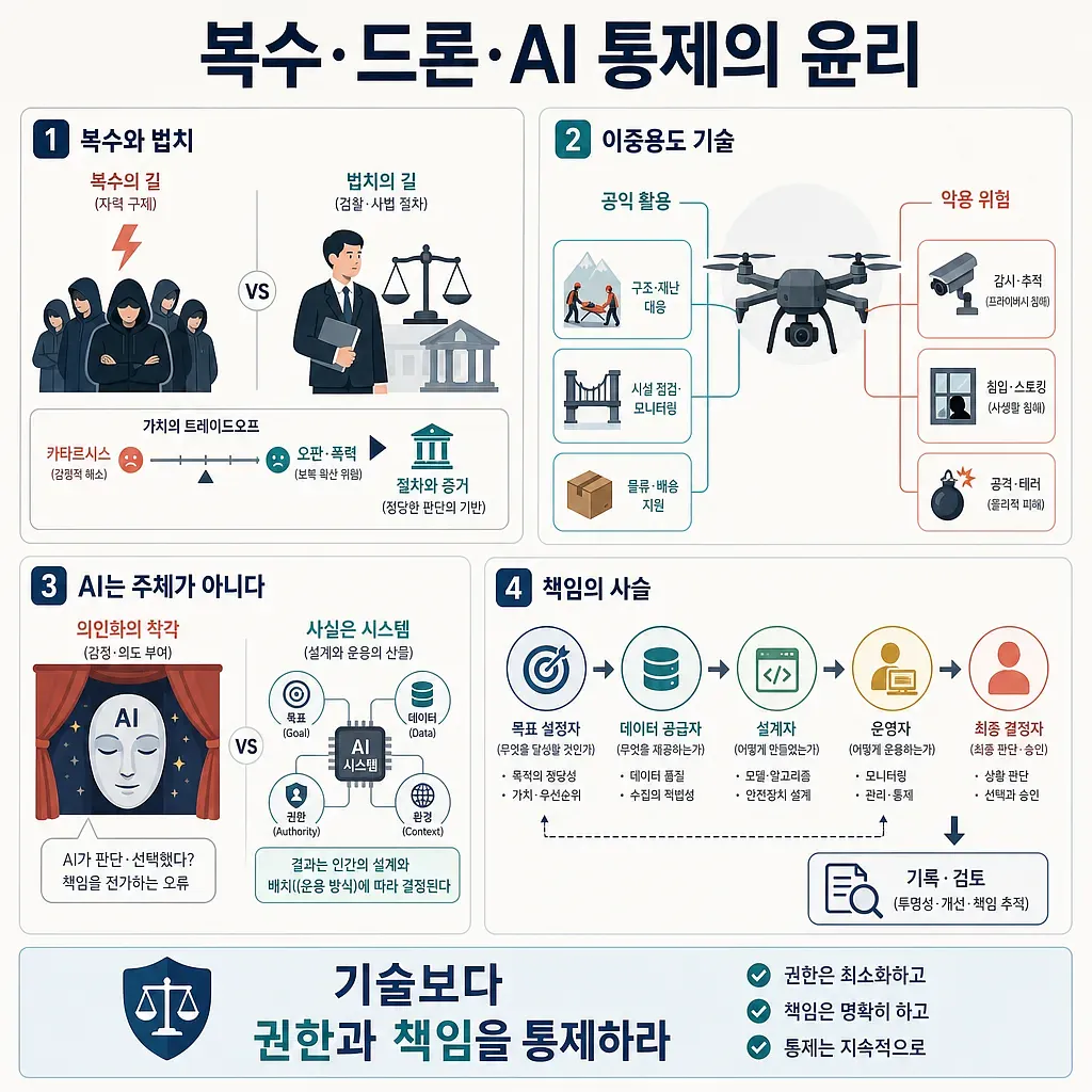 사적 복수와 법치, 드론의 양면성, AI 책임과 통제를 4개 영역으로 정리한 한국어 인포그래픽