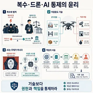 사적 복수와 법치, 드론의 양면성, AI 책임과 통제를 4개 영역으로 정리한 한국어 인포그래픽