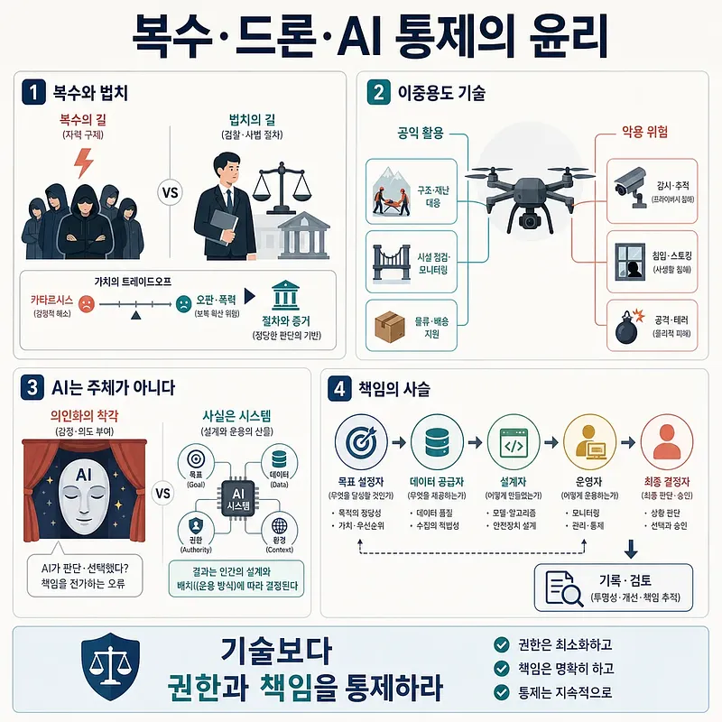 사적 복수와 법치, 드론의 양면성, AI 책임과 통제를 4개 영역으로 정리한 한국어 인포그래픽