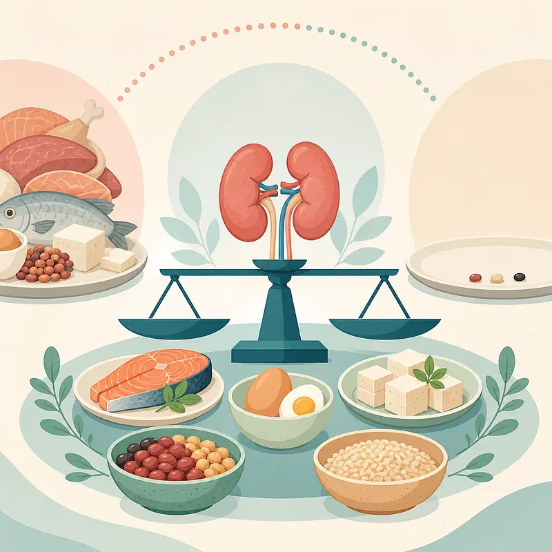 저울 위 콩팥과 연어, 달걀, 두부, 콩 등 다양한 단백질 식품을 배치한 일러스트