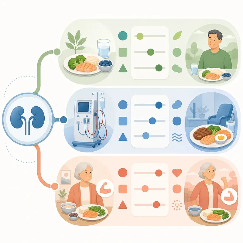 Infografía que conecta los riñones con comidas, diálisis y adultos mayores en tres etapas