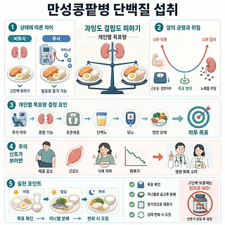 만성콩팥병의 단백질 섭취 균형, 개인별 목표량, 주의 신호와 실천법을 정리한 인포그래픽