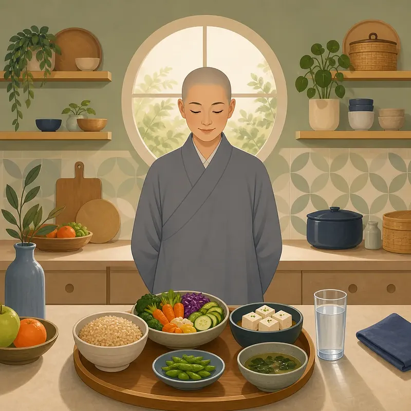 Una monja budista con los ojos cerrados ante una mesa con verduras, tofu y arroz integral
