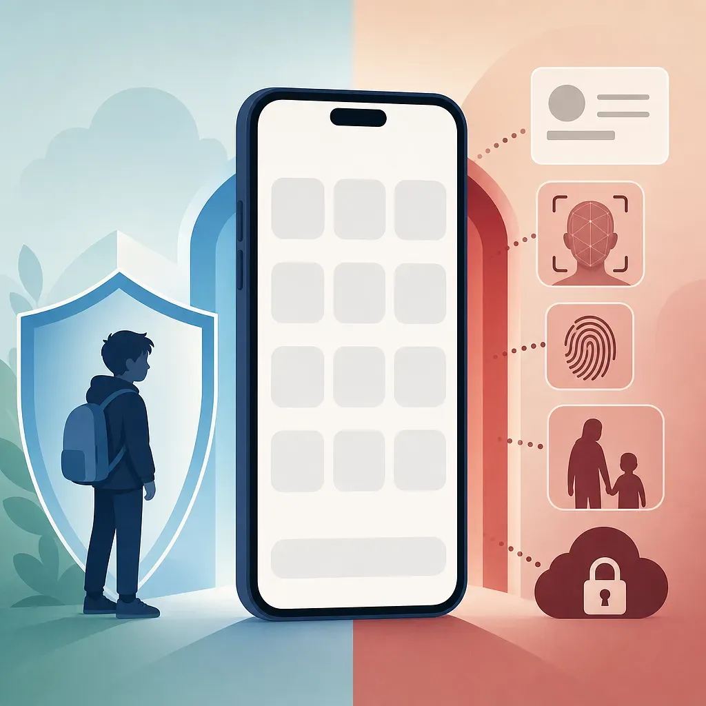 Menor detrás de un escudo junto a un móvil con iconos de identidad, biometría, familia y candado