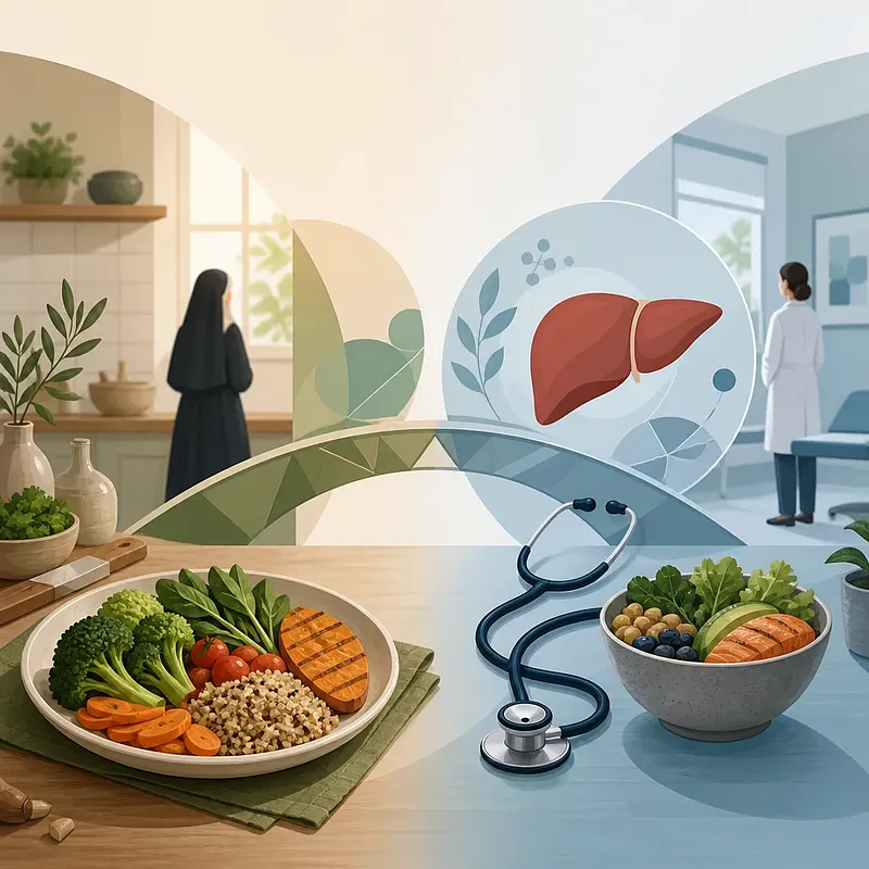 台所と診察室を背景に、健康的な食事、聴診器、肝臓が描かれたイラスト