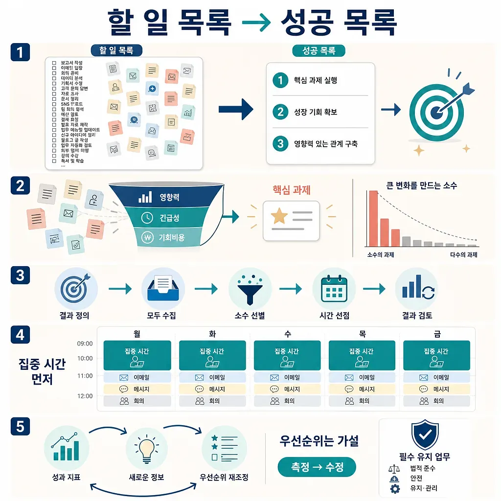 할 일 목록을 성공 목록으로 바꾸는 5단계 우선순위 원칙 인포그래픽