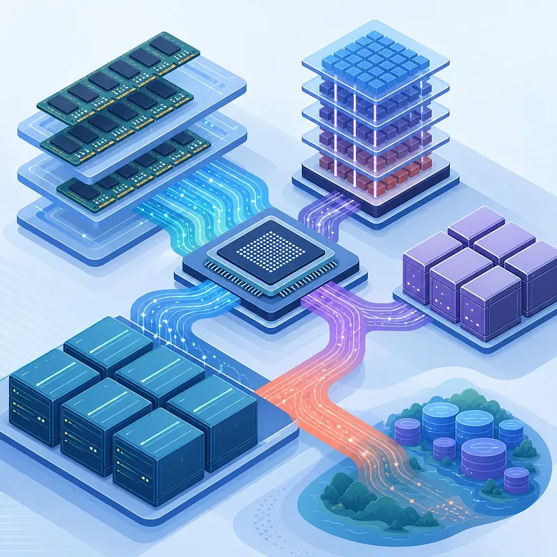 Central AI chip linked by data paths to RAM, stacked memory, servers, and storage