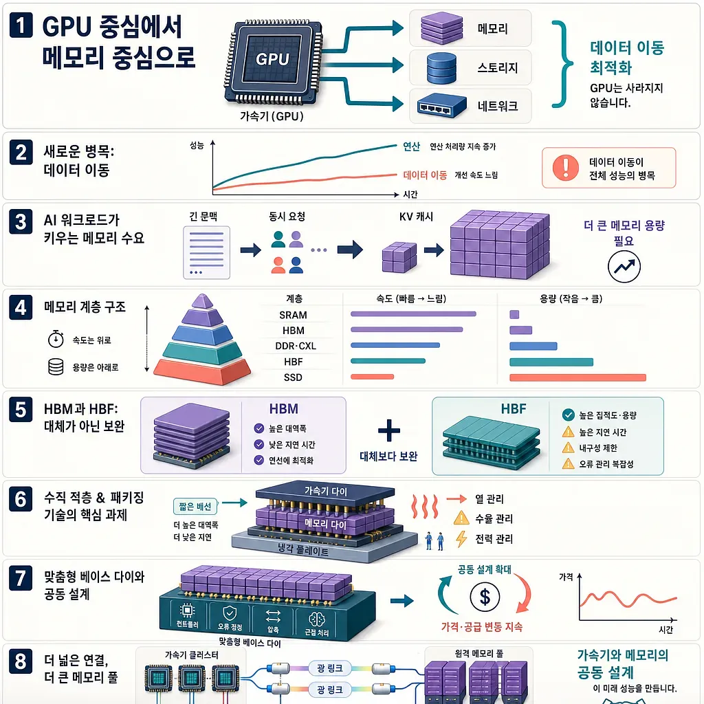 GPU 중심에서 메모리 중심 AI 반도체로의 전환을 8단계로 설명한 한국어 인포그래픽