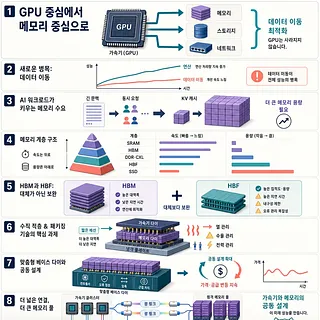 GPU 중심에서 메모리 중심 AI 반도체로의 전환을 8단계로 설명한 한국어 인포그래픽