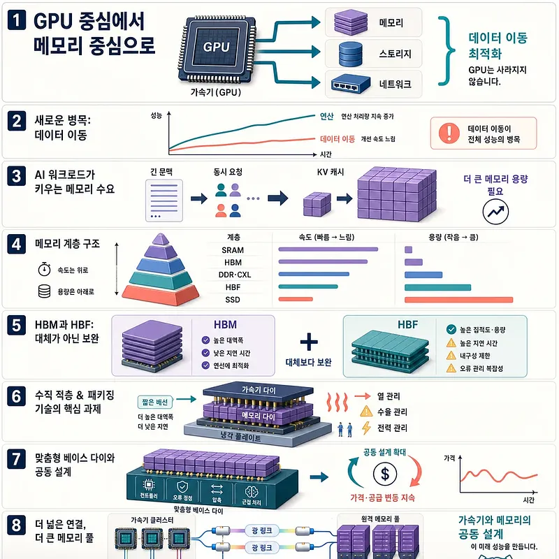 GPU 중심에서 메모리 중심 AI 반도체로의 전환을 8단계로 설명한 한국어 인포그래픽