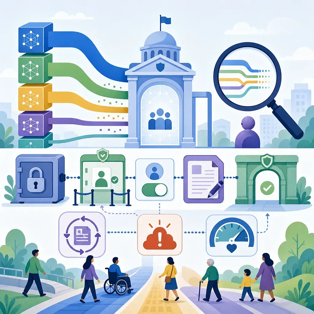정부 청사로 연결되는 AI 데이터 흐름과 보안·접근성 검증 절차를 표현한 삽화