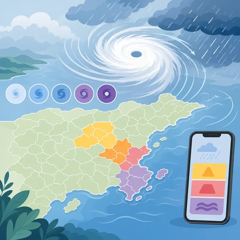 Typhoon, five intensity symbols, color-coded regional warning map, and smartphone rain alerts