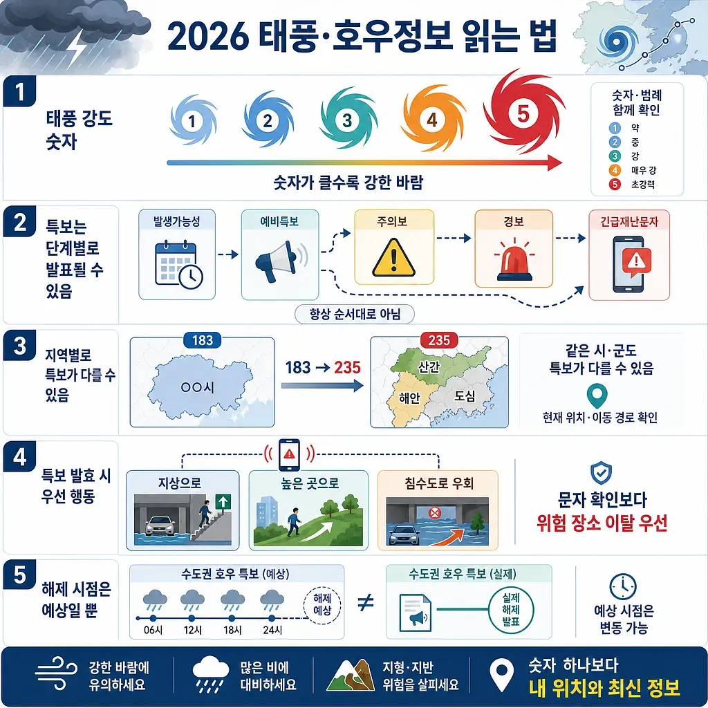태풍 강도 숫자와 호우특보 단계, 지역별 경보 및 대피 행동을 설명하는 2026 안내 인포그래픽