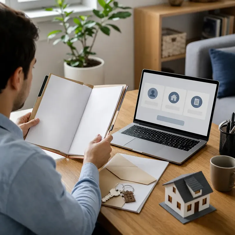 Man holding a folder beside a laptop showing a housing application screen