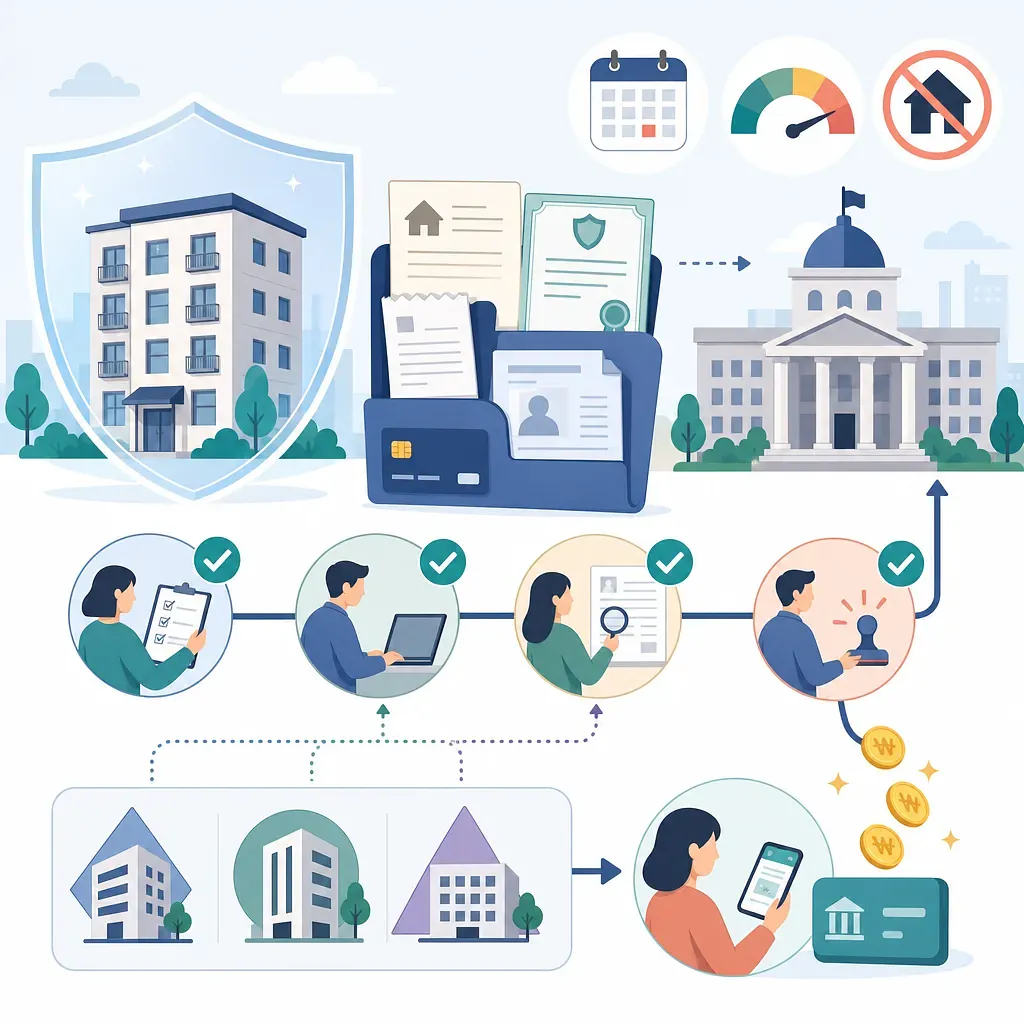Guide illustration with a protected home, documents, government office, application steps, and payment