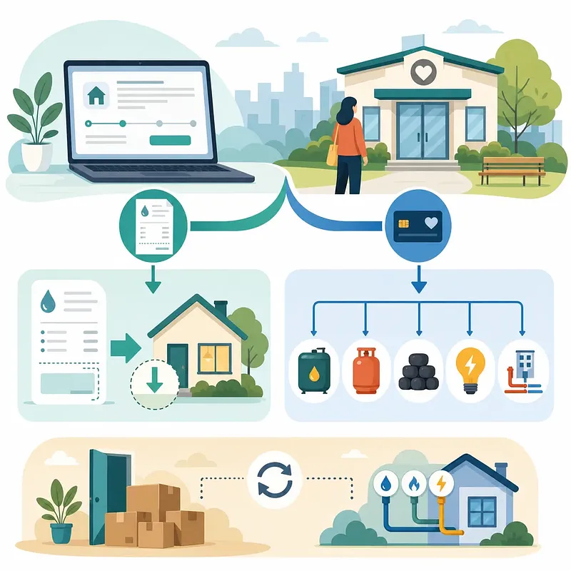 Energy voucher guide showing online application, welfare office visit, and utility support options