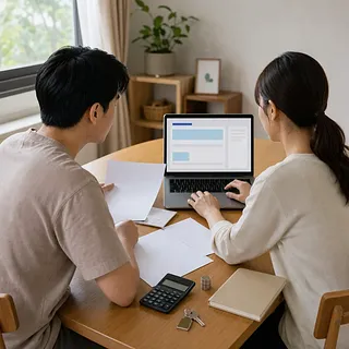 Two people reviewing documents on a laptop with a calculator and coins nearby