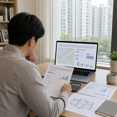 Persona revisando datos inmobiliarios en un portátil y documentos junto a una ventana con apartamentos