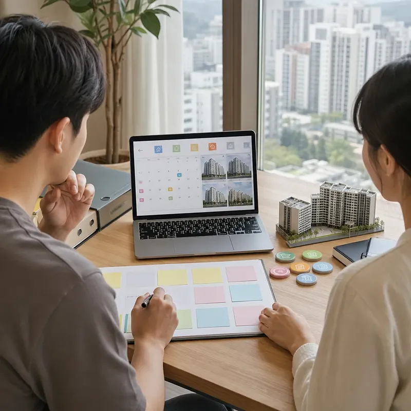 Two people reviewing an apartment application calendar on a laptop beside a housing model
