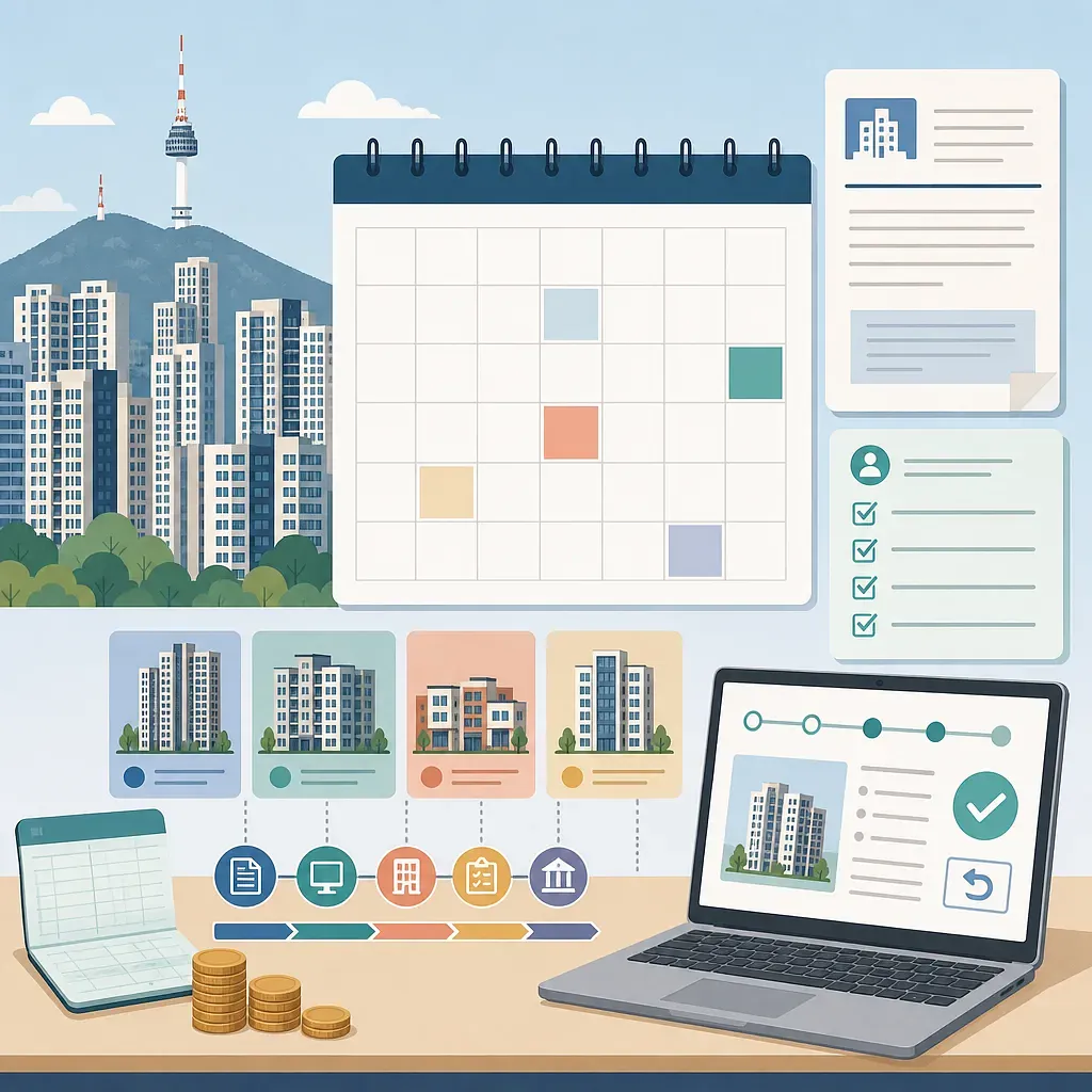 Illustration of Seoul apartments with a housing application calendar, checklist, and laptop