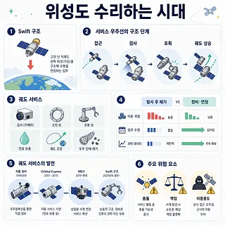 위성 수리 시대를 설명하는 한국어 인포그래픽, 구조 단계와 궤도 서비스, 위험 요소 도식화
