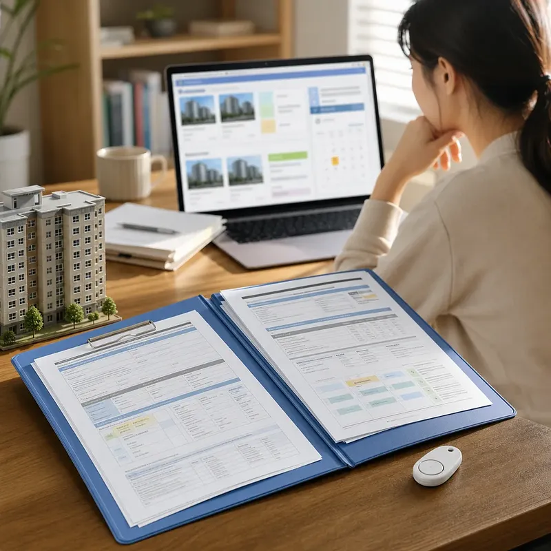 マンション模型と申請書類を前にノートパソコンで住宅情報を確認する女性