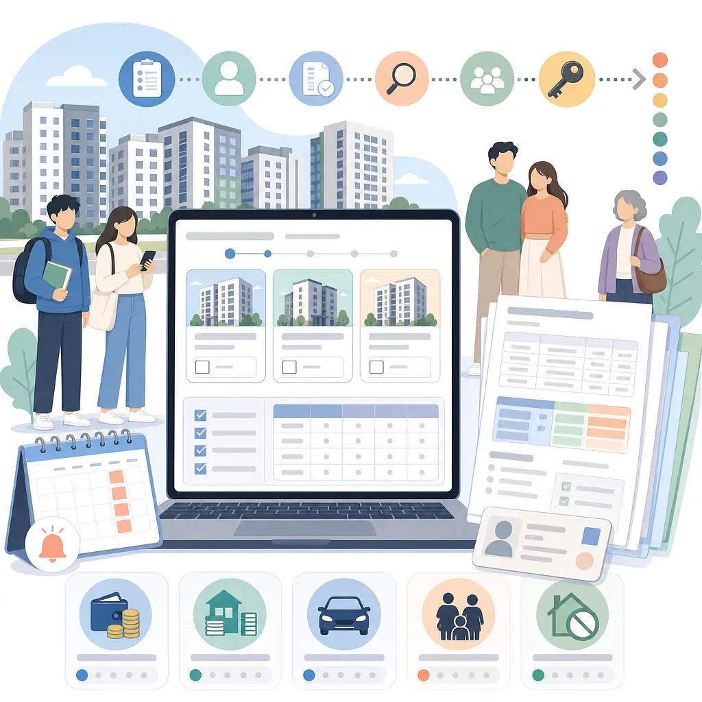 Portátil con anuncios de apartamentos, formularios, calendario y posibles residentes