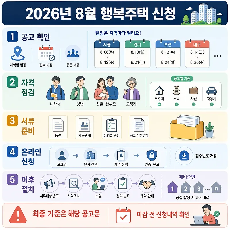 2026년 8월 행복주택 신청의 공고 확인, 자격, 서류, 온라인 접수, 이후 절차를 정리한 안내문