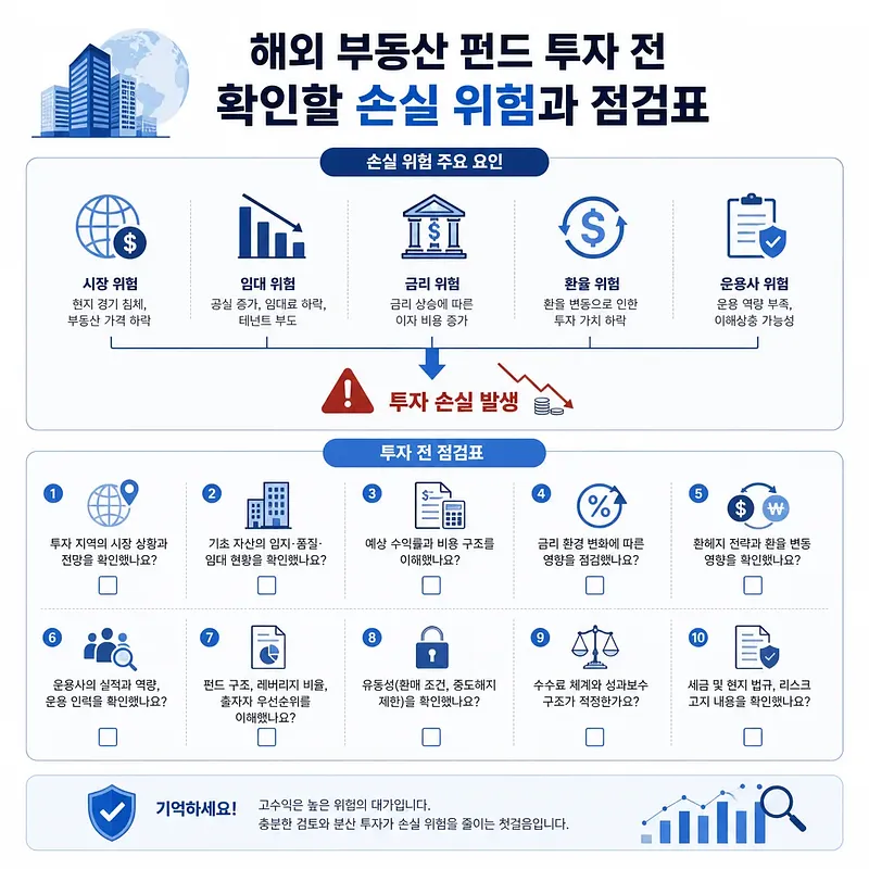 해외 부동산 펀드의 5대 손실 위험과 투자 전 10가지 점검 항목을 정리한 인포그래픽