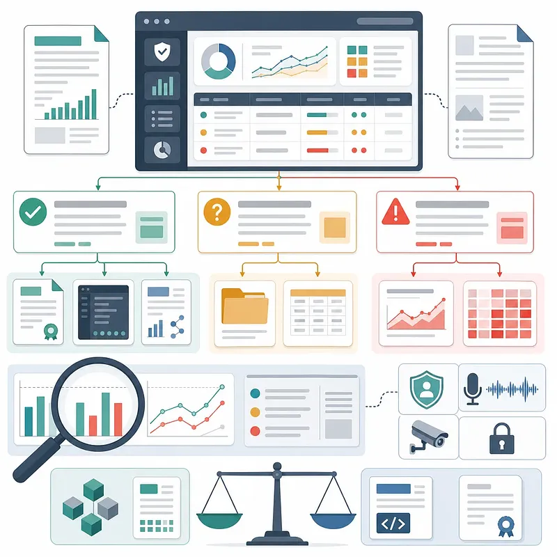 Verification workflow sorting documents and data into approved, review, and warning categories