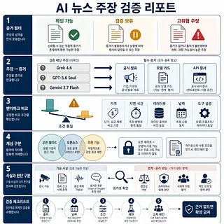 AI 뉴스 주장을 증거, 벤치마크, 개념, 사실·판단으로 검증하는 5단계 인포그래픽