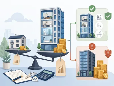Ilustración vectorial que compara comisiones de corretaje entre una vivienda y un officetel