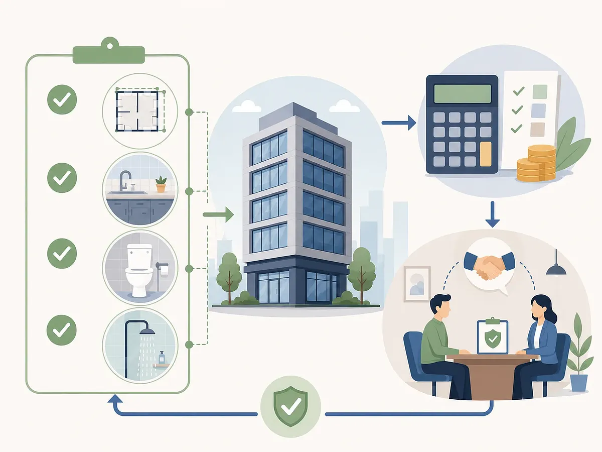 Edificio officetel conectado con lista de requisitos, calculadora y negociación de comisión