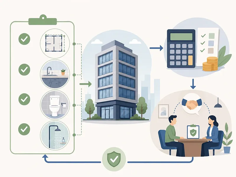 Edificio officetel conectado con lista de requisitos, calculadora y negociación de comisión