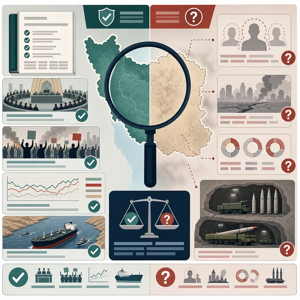 Mapa de Irán bajo una lupa con verificaciones sobre poder, protestas, petroleros y misiles