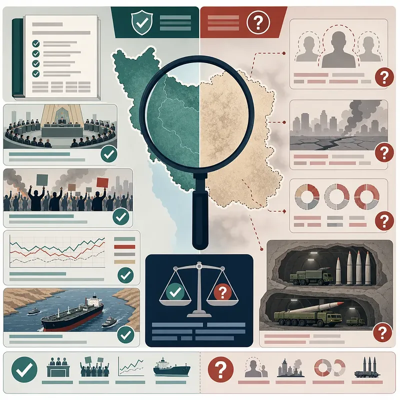 Mapa de Irán bajo una lupa con verificaciones sobre poder, protestas, petroleros y misiles
