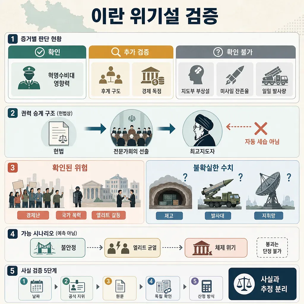 이란 위기설을 확인·추가 검증·확인 불가로 분류하고 권력 승계와 위험 요인을 정리한 인포그래픽