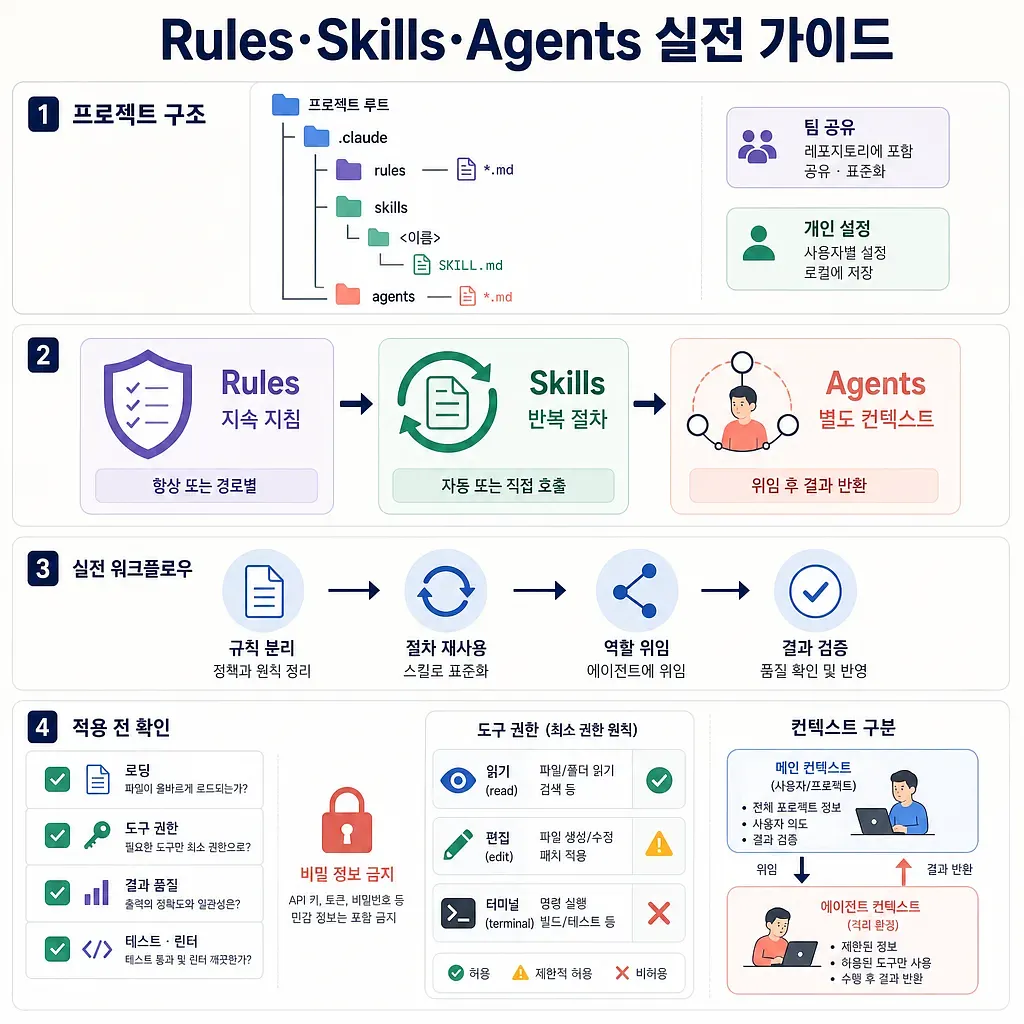 Claude Code의 Rules·Skills·Agents 구조, 워크플로, 권한 및 컨텍스트를 설명하는 인포그래픽