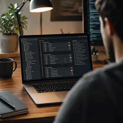 デスクでノートパソコンの開発ワークフローダッシュボードを見る人