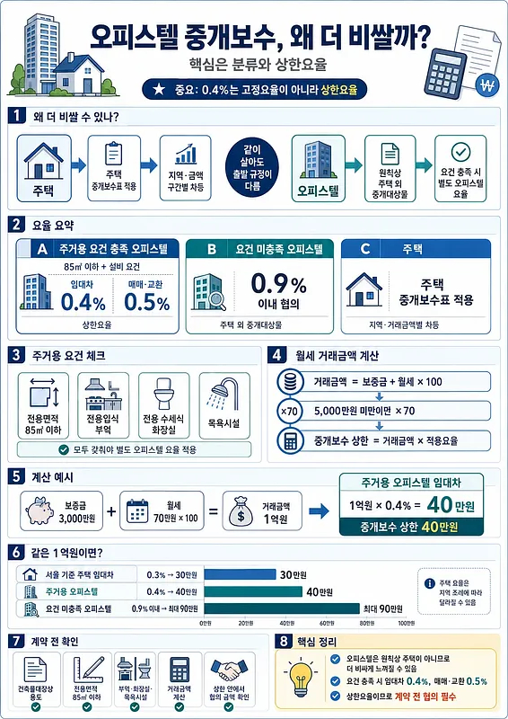 오피스텔 중개보수 요율, 계산법, 주택과의 차이를 정리한 파란색 인포그래픽