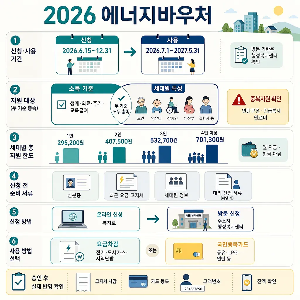 2026 에너지바우처 신청·사용 기간, 지원 대상, 가구원별 지원액과 이용 방법 안내표