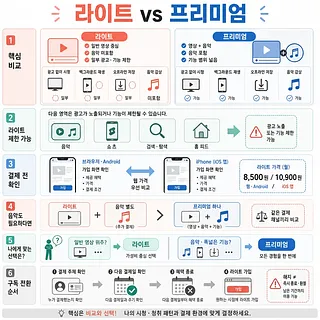 유튜브 라이트와 프리미엄의 기능, 월 요금, 결제 차이와 구독 전환 순서를 비교한 인포그래픽