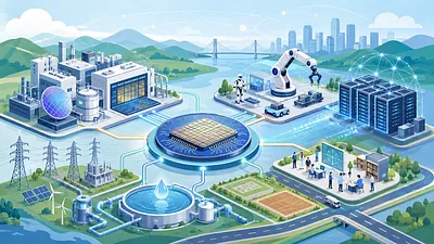 中央の半導体チップを軸に工場、ロボット、データセンター、電力・水インフラがつながる未来産業