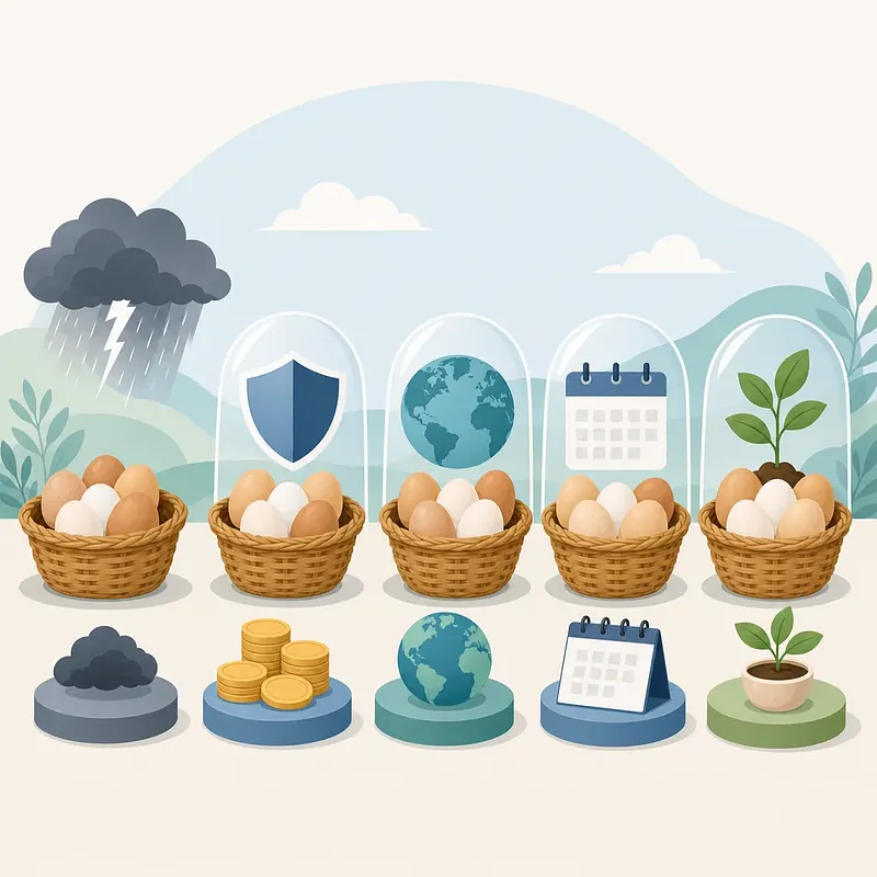 Cestas de huevos con iconos de tormenta, escudo, globo, calendario y brote