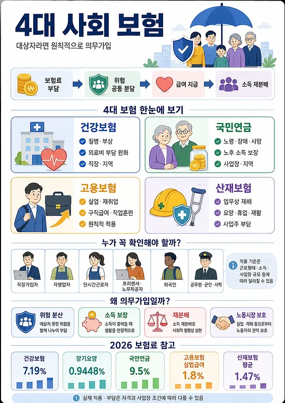Korean infographic summarizing mandatory social insurance, coverage areas, eligible groups, and 2026 rates