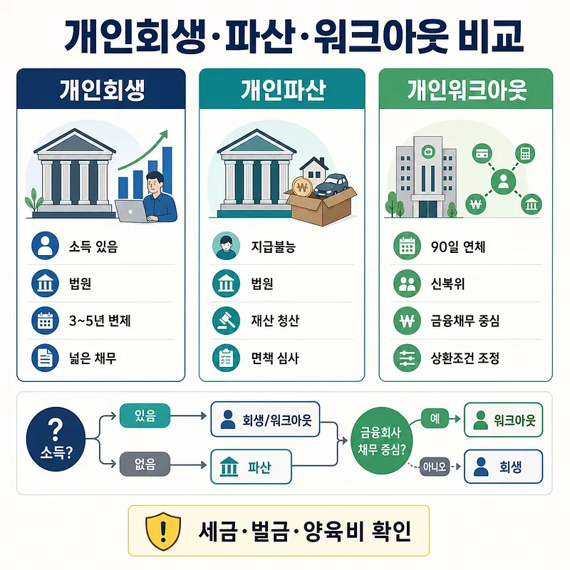 Infographic comparing personal rehabilitation, bankruptcy, and workout options
