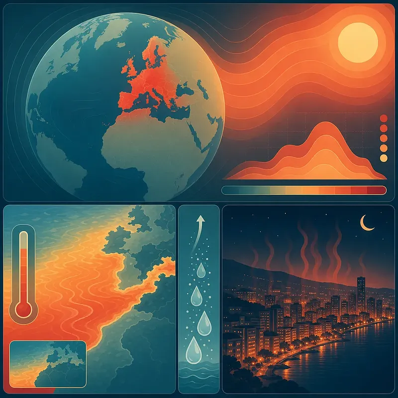 Heatwave infographic with Europe in red, sea temperature map, thermometer, and hot city night